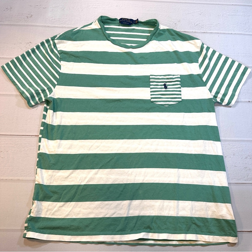 Polo Ralph Lauren Men’s Classic Fit Large‎ Striped Teal White Tee Horse Pocket